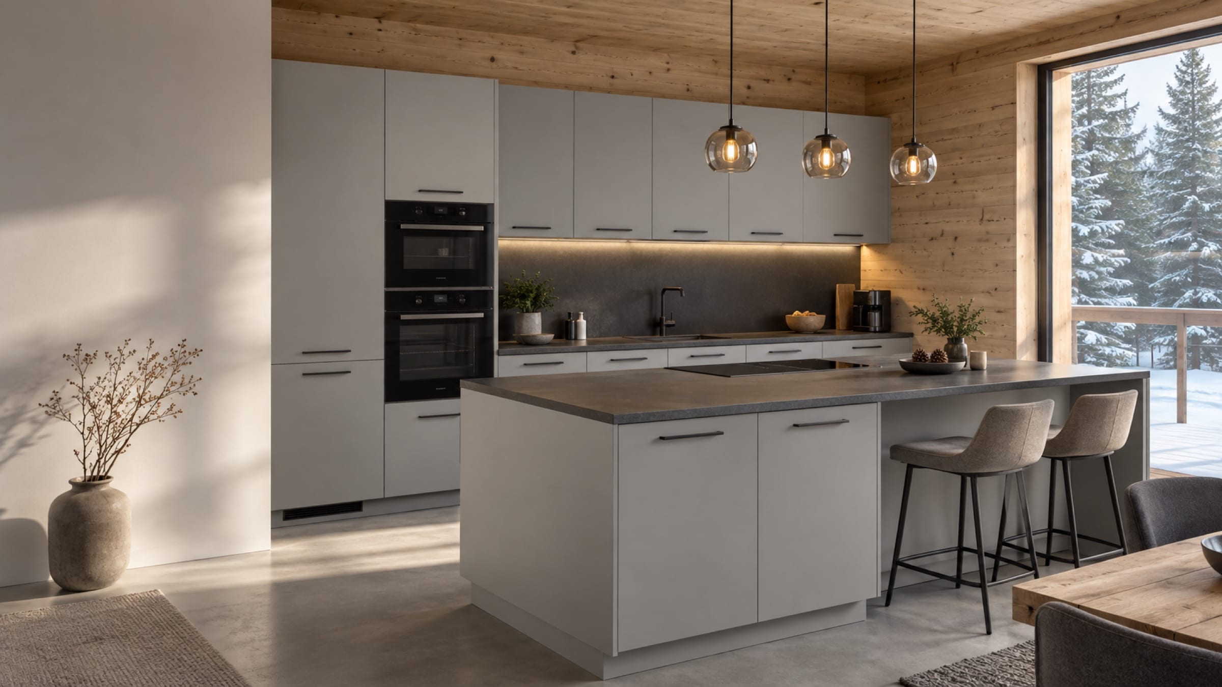Cuisine avec îlot central aux façades Polylaminé Gris Perla