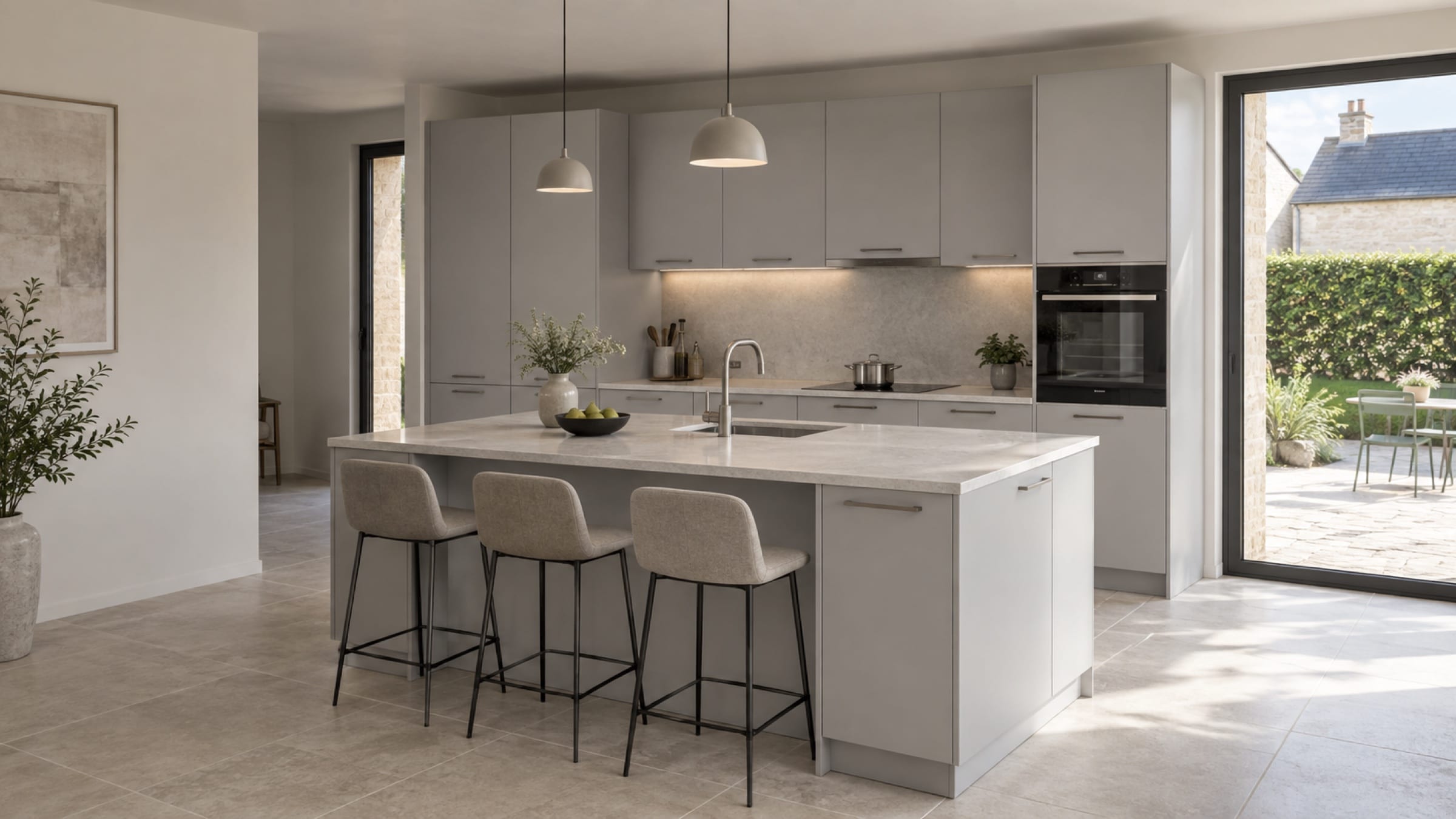 Cuisine avec îlot central aux façades TR-Max Gris Perla