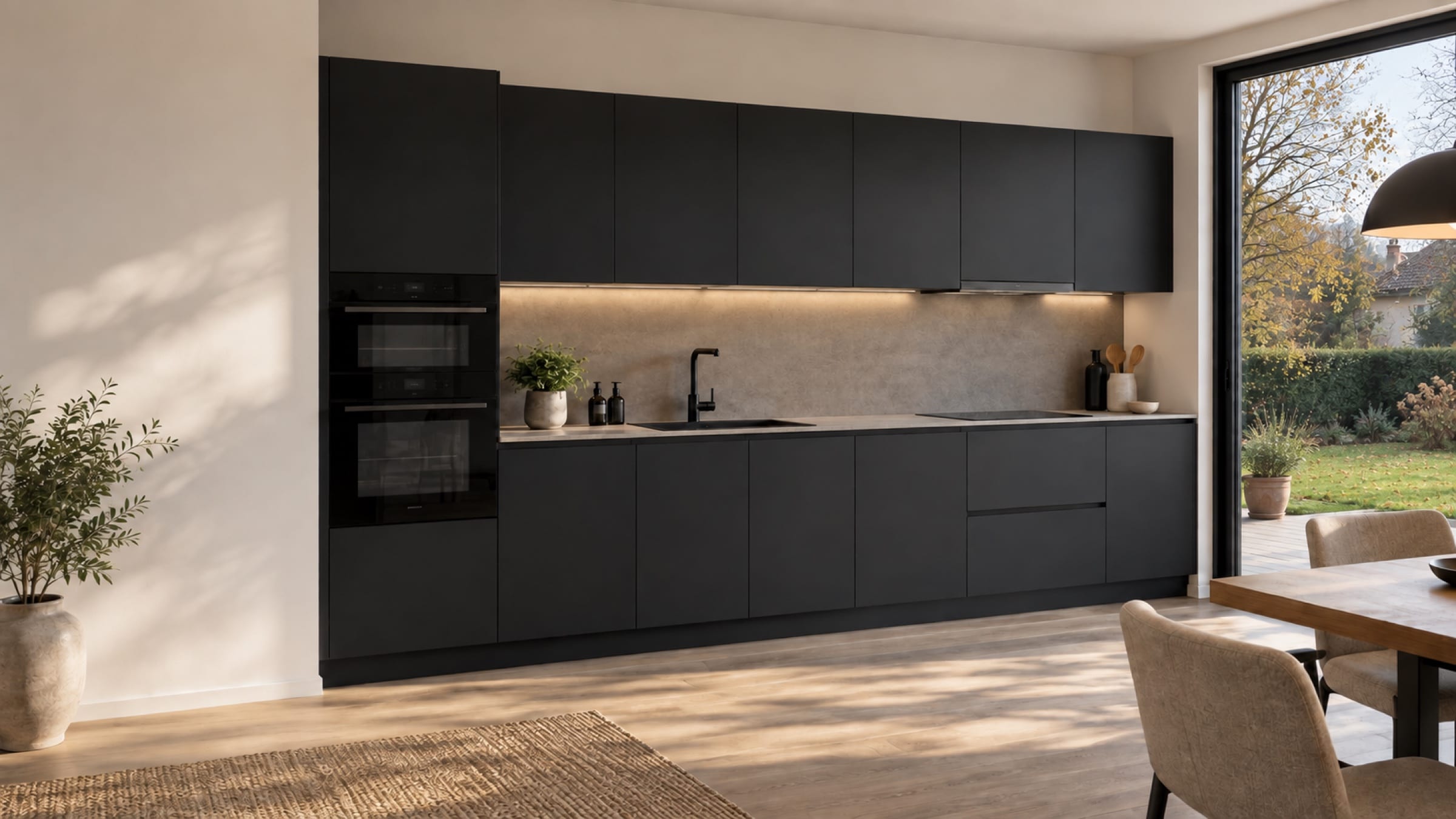 Cuisine linéaire en&nbsp;I sur un mur aux façades Laqué mat Noir profond