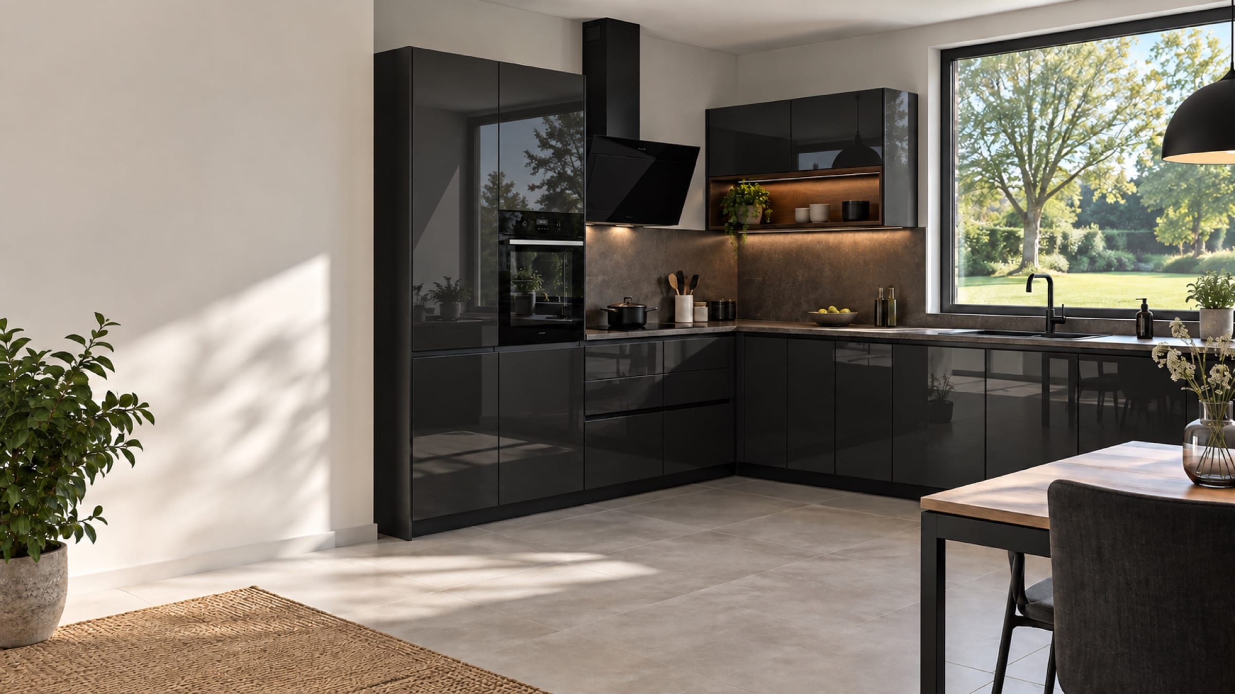 Cuisine en&nbsp;L sur deux murs aux façades Luxe brillant Noir