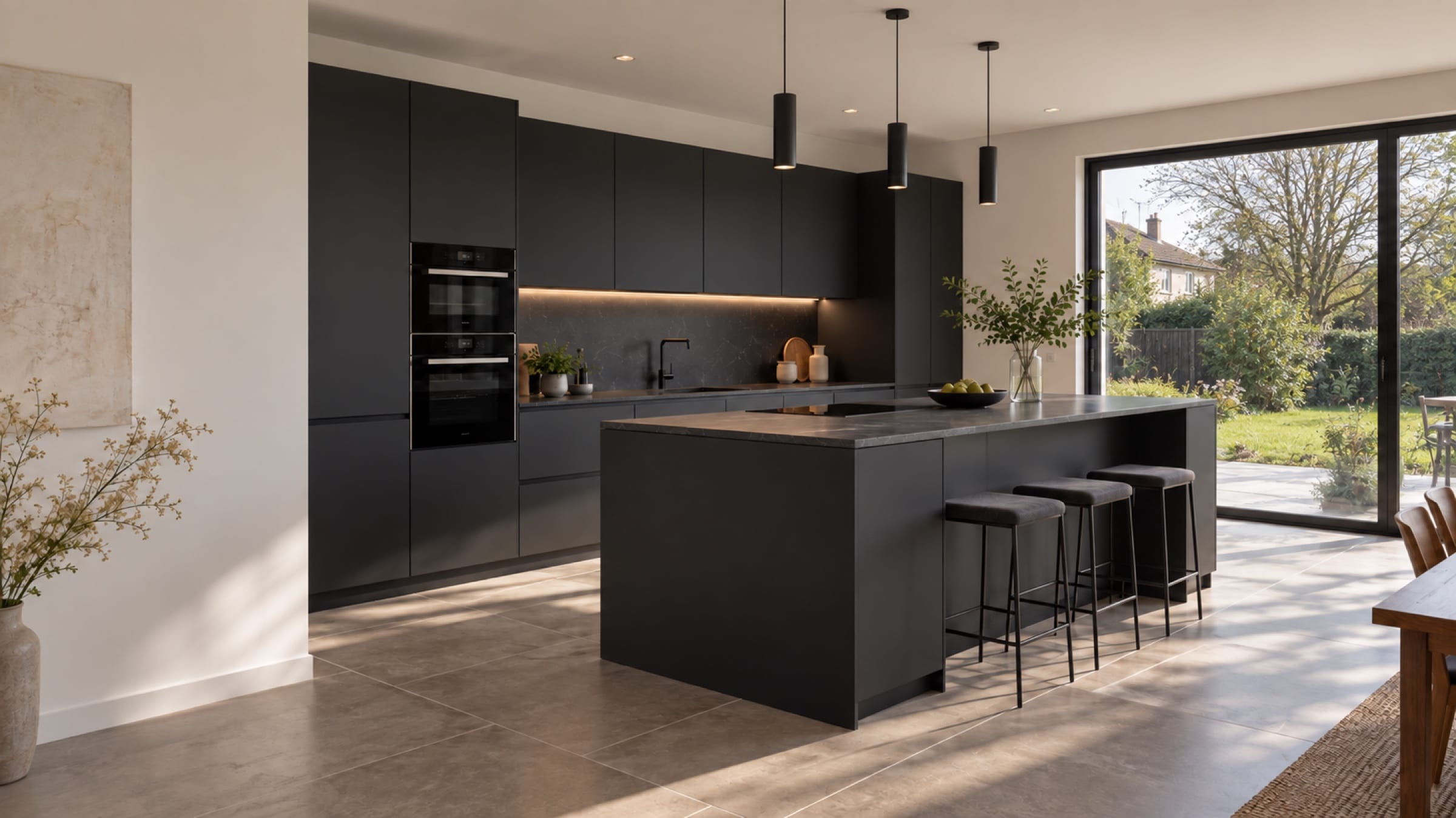 Cuisine avec îlot central aux façades Zenit mat Noir