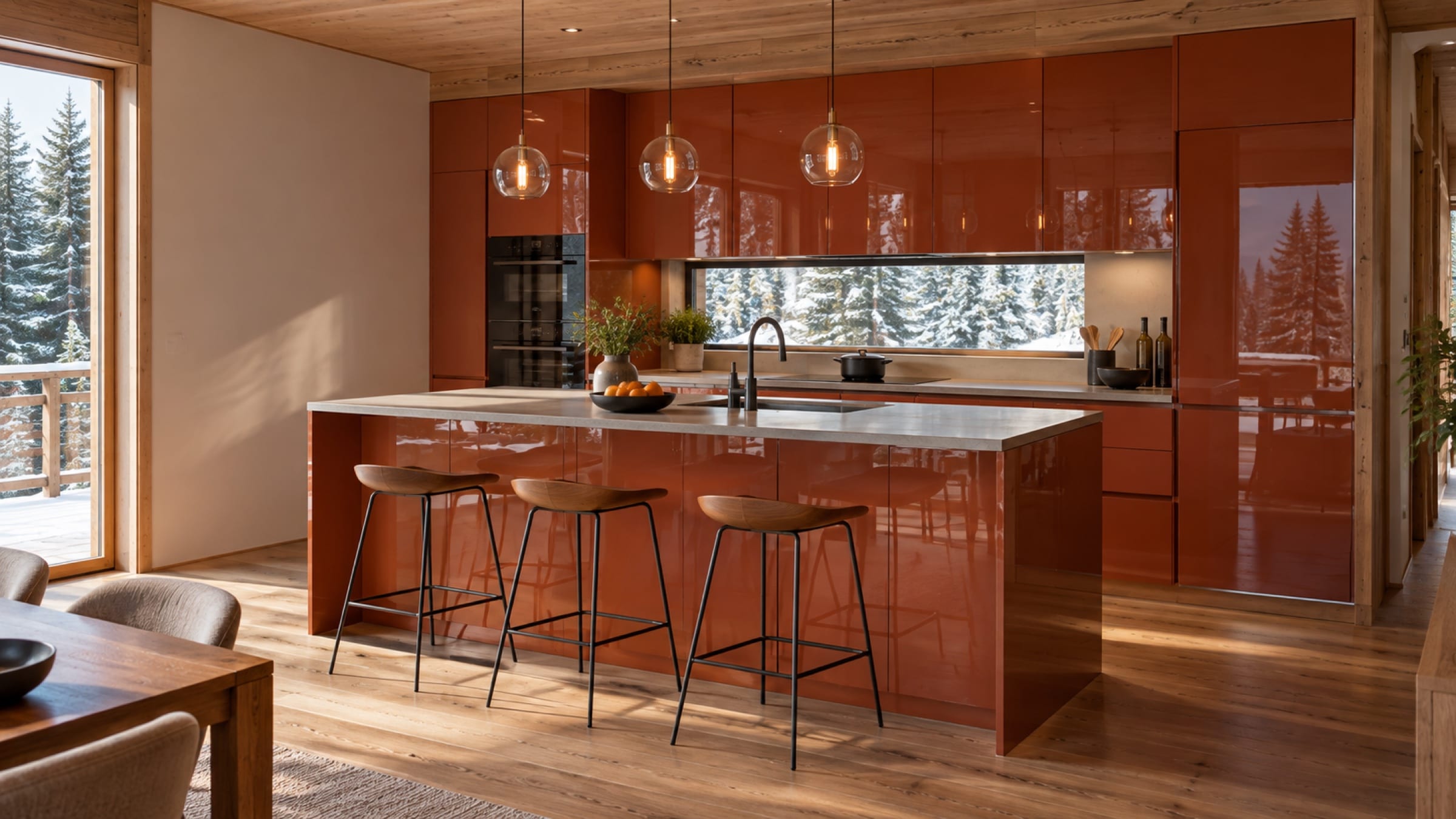 Cuisine avec îlot central aux façades Laqué brillant Terracotta
