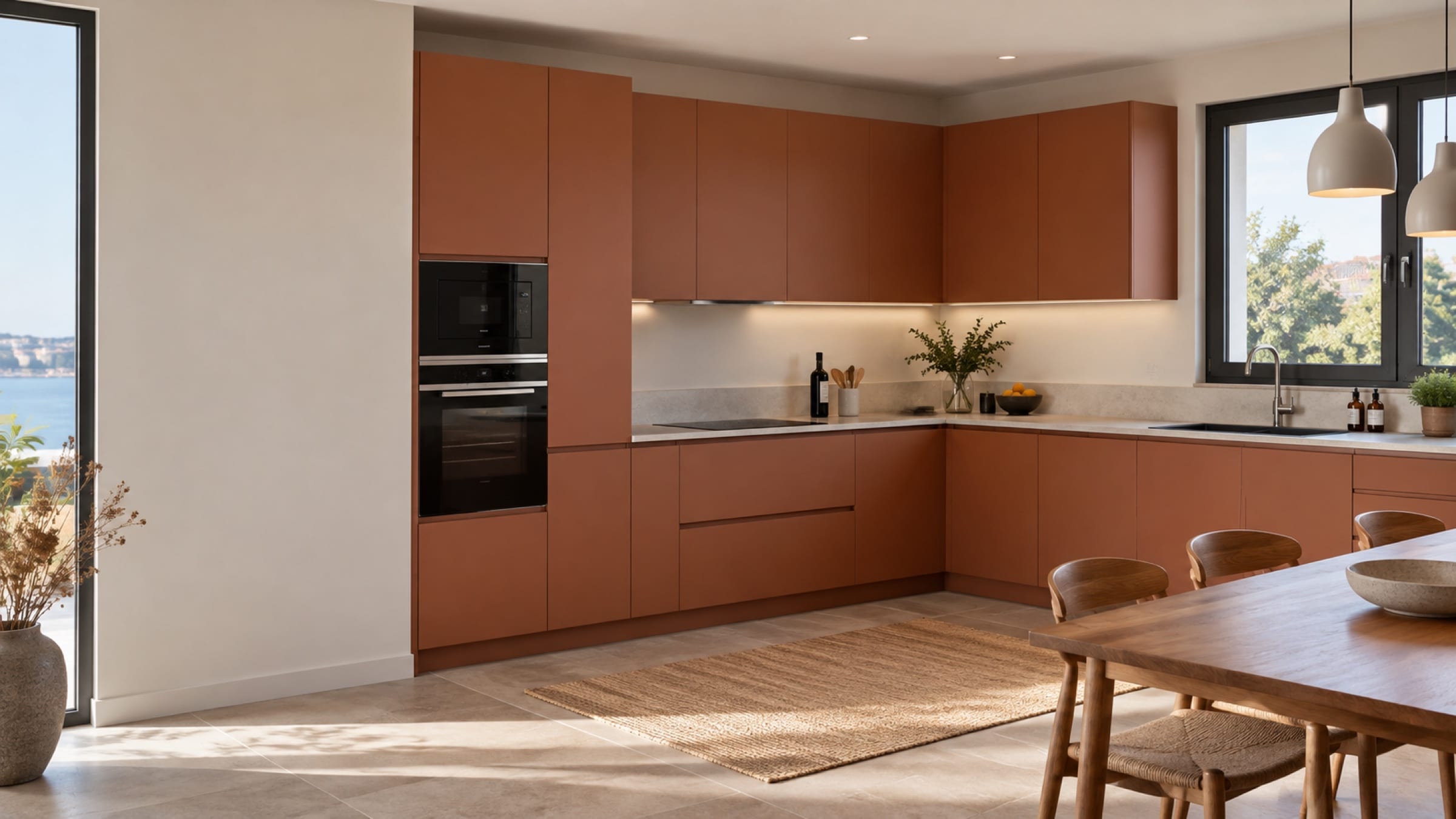 Cuisine en&nbsp;L sur deux murs aux façades Laqué mat Terracotta