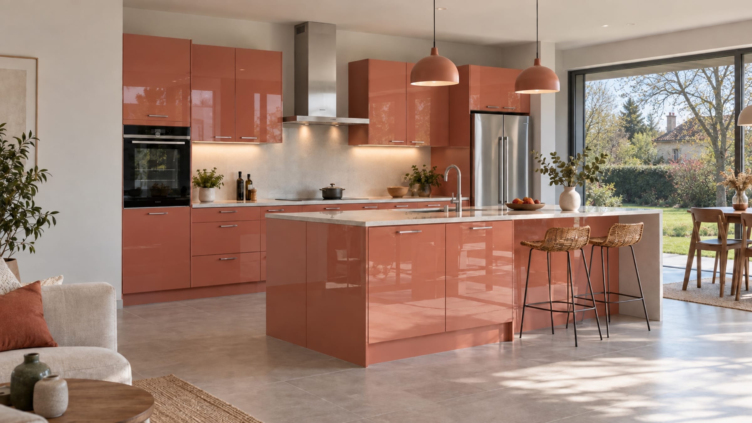 Cuisine ouverte sur le séjour aux façades Luxe brillant Coral