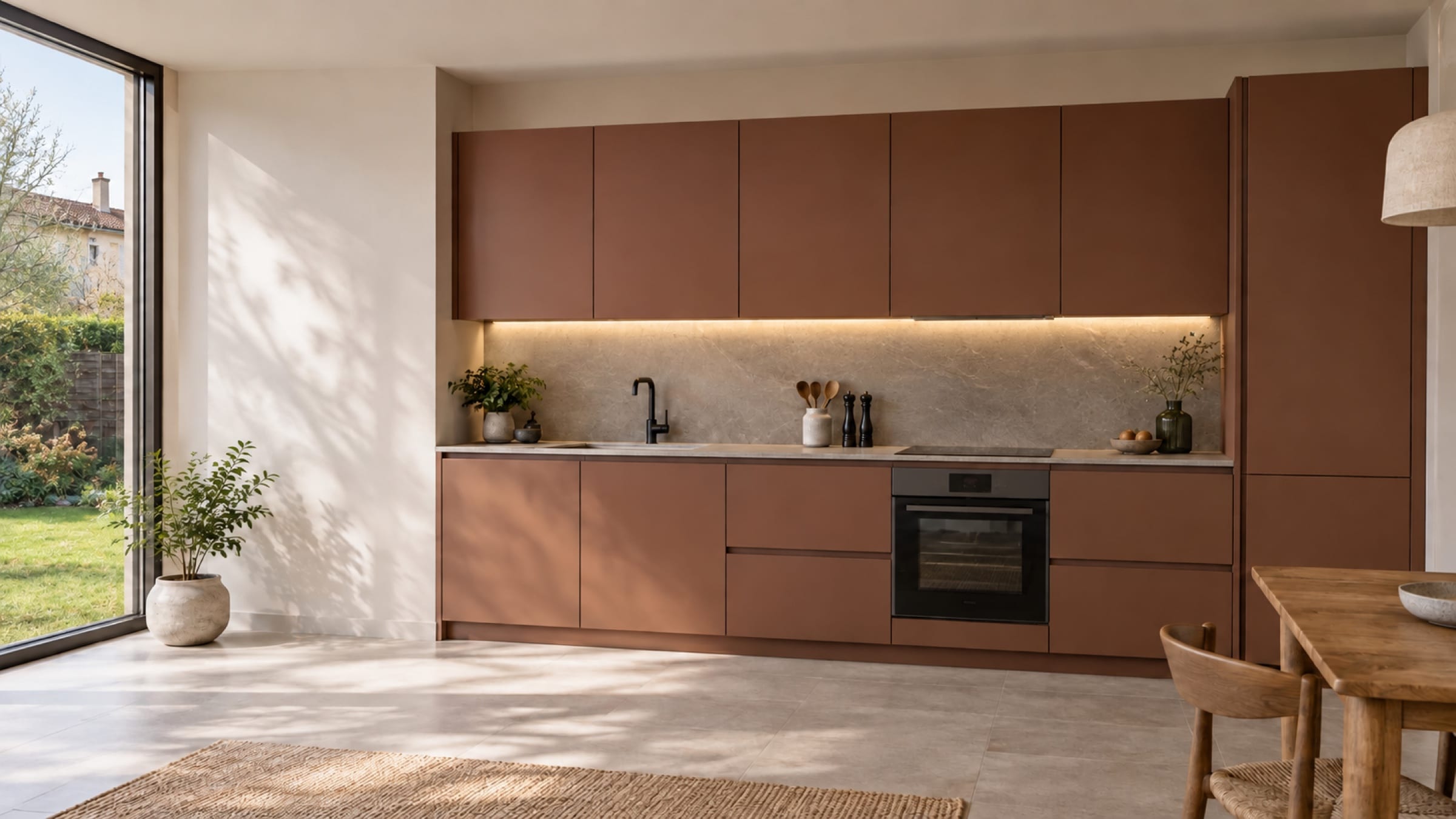 Cuisine linéaire en&nbsp;I sur un mur aux façades Mattdeco mat Cotto