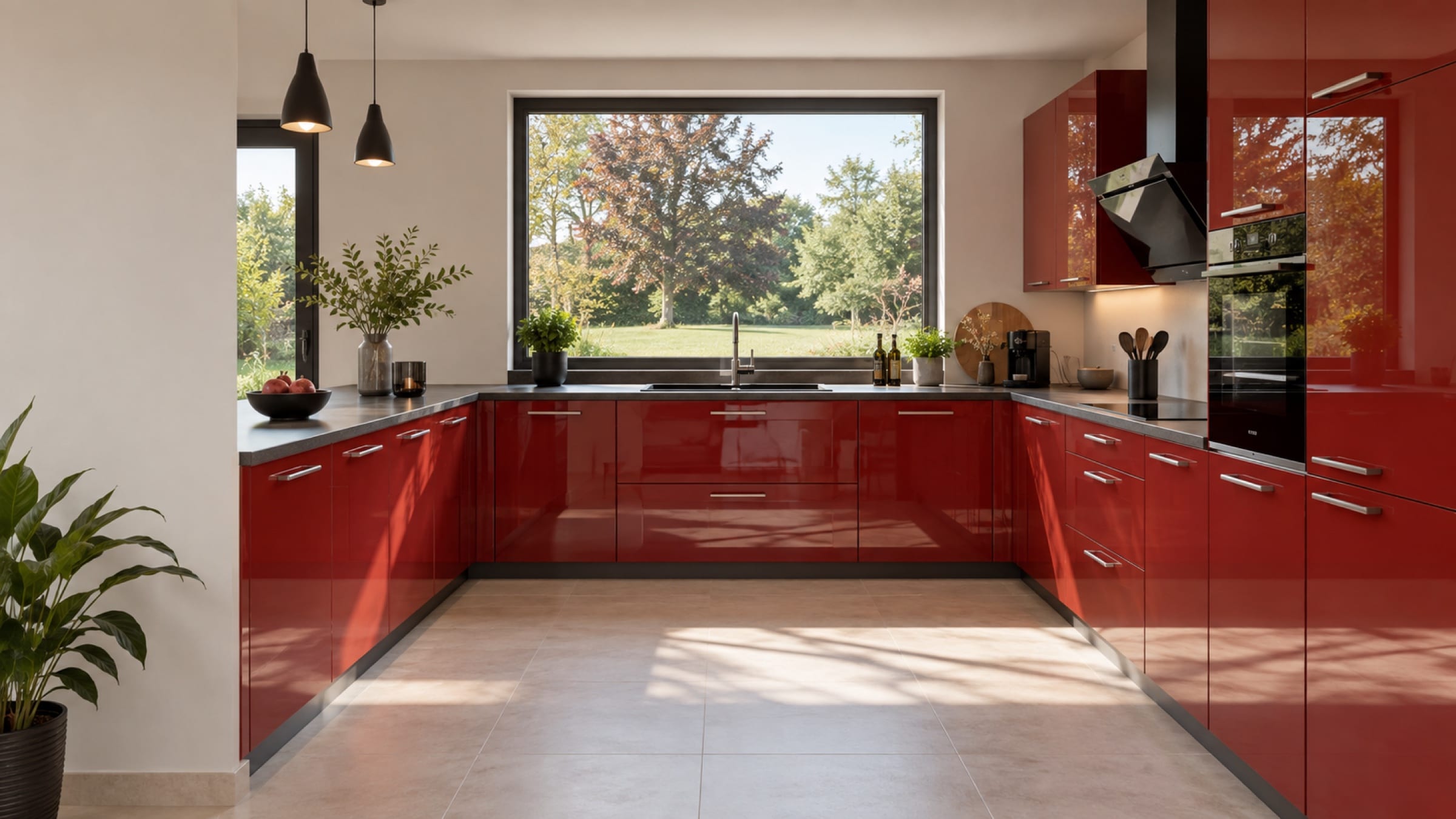 Cuisine en&nbsp;U sur trois murs aux façades PET brillant Rojo Pompei