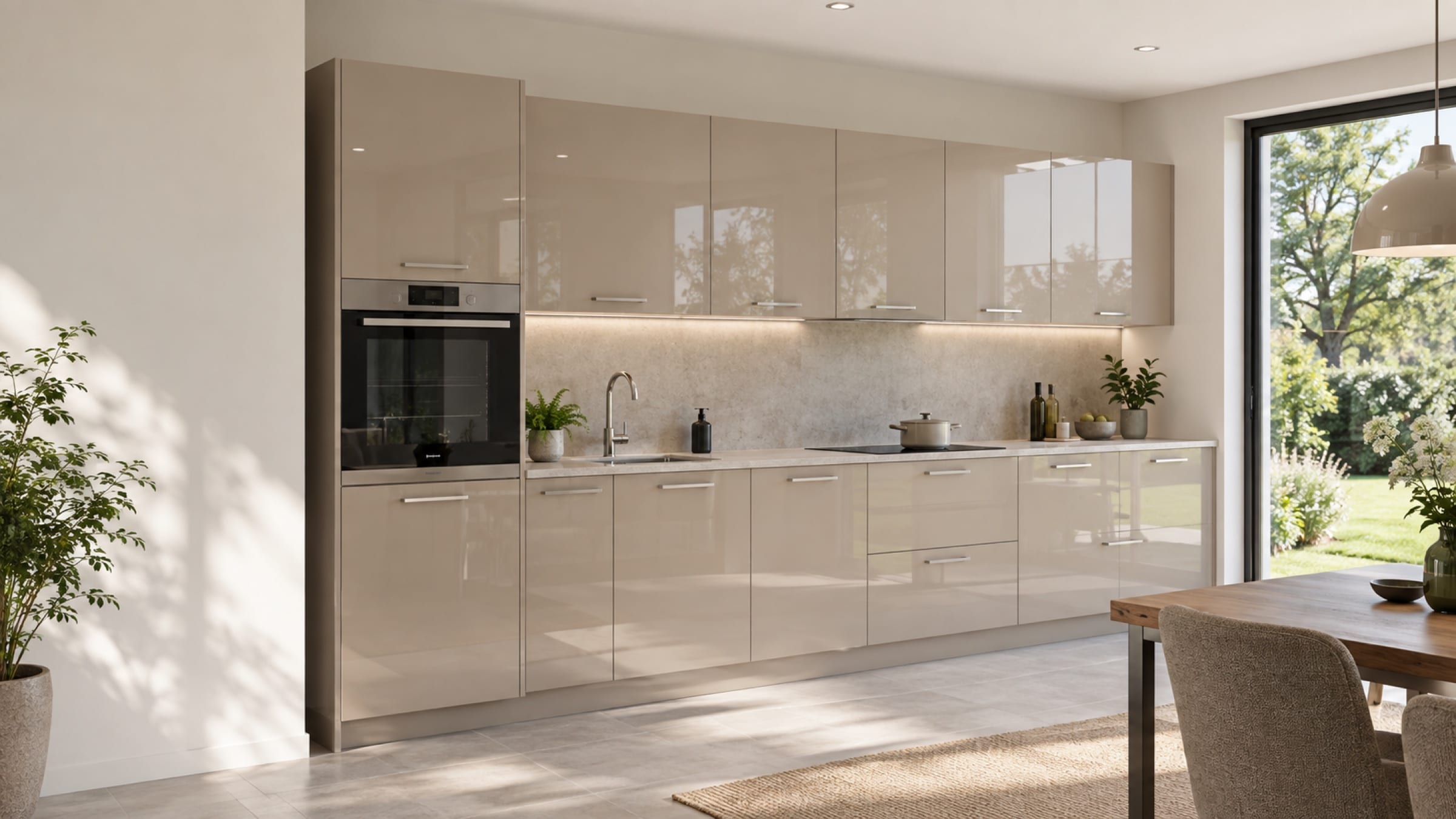 Cuisine linéaire en&nbsp;I sur un mur aux façades Luxe brillant Tortora