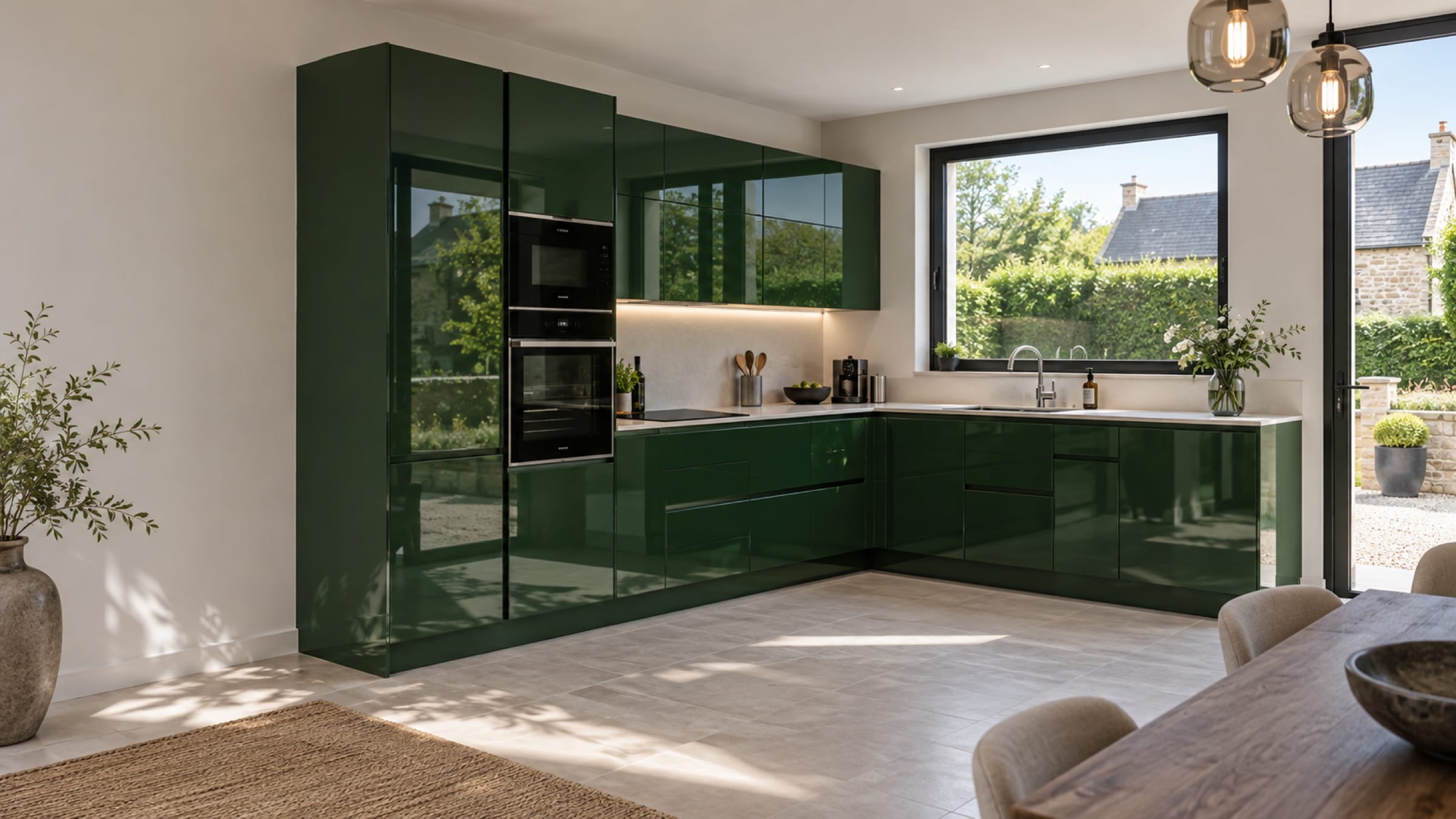 Cuisine en&nbsp;L sur deux murs aux façades Laqué brillant Vert forêt