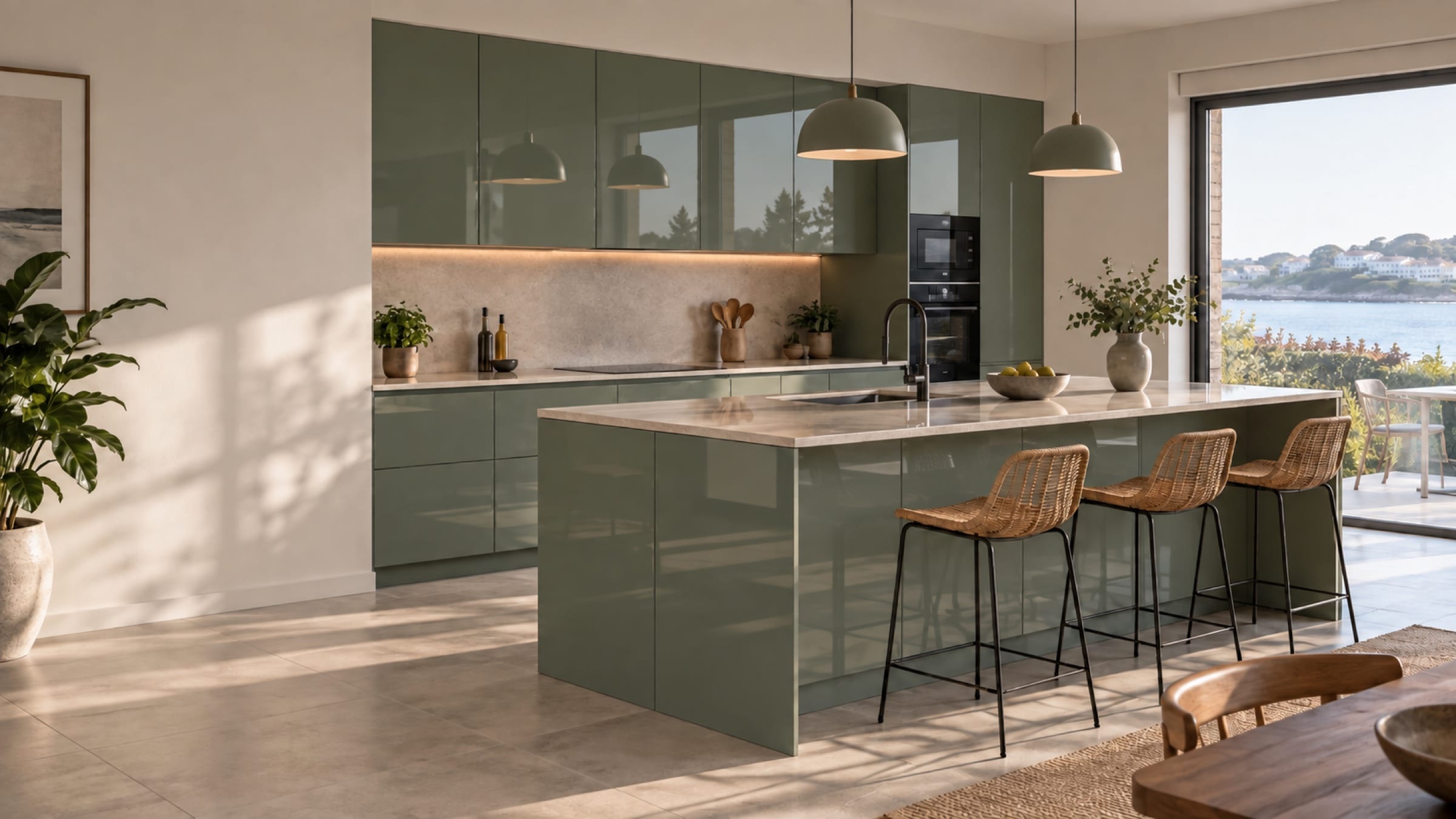 Cuisine avec îlot central aux façades Luxe brillant Verde Salvia