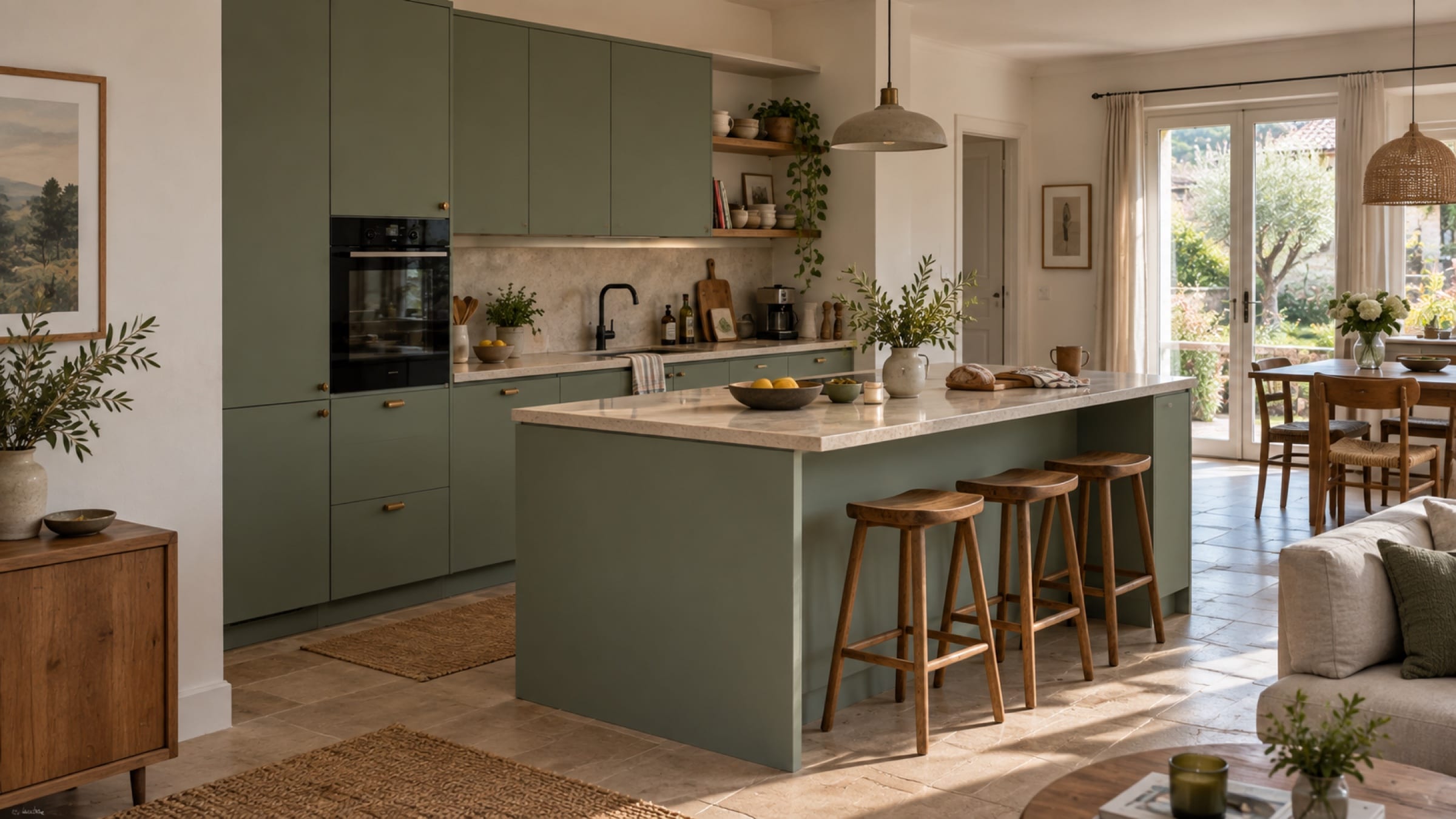 Cuisine ouverte sur le séjour aux façades Mattdeco mat Verde Salvia
