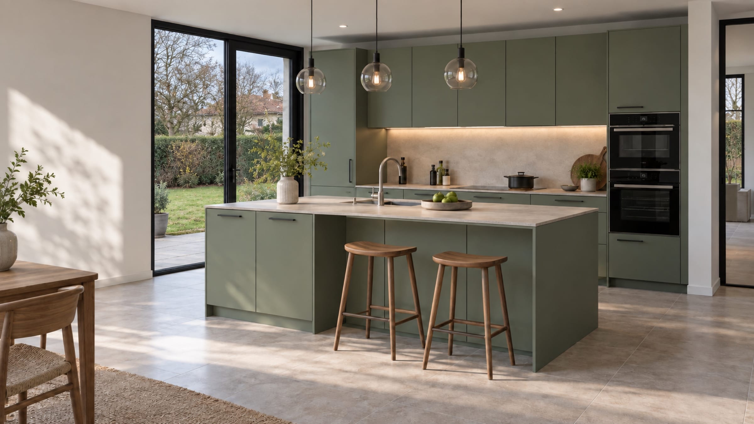 Cuisine avec îlot central aux façades PET mat Verde Salvia