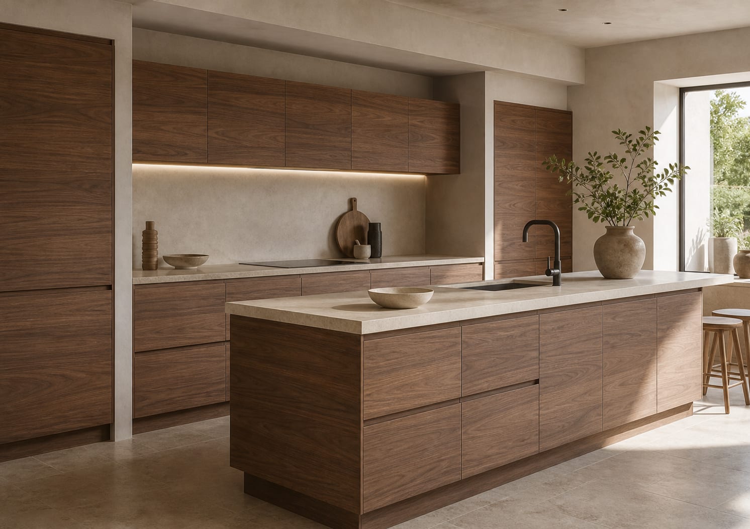 Cuisine avec façades Alcaudete en placage de noyer naturel au veinage horizontal