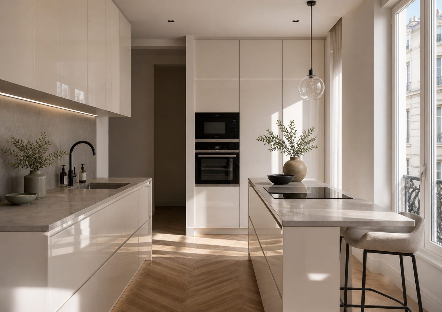 Cuisine lumineuse ivoire avec façades Luxe brillantes effet miroir