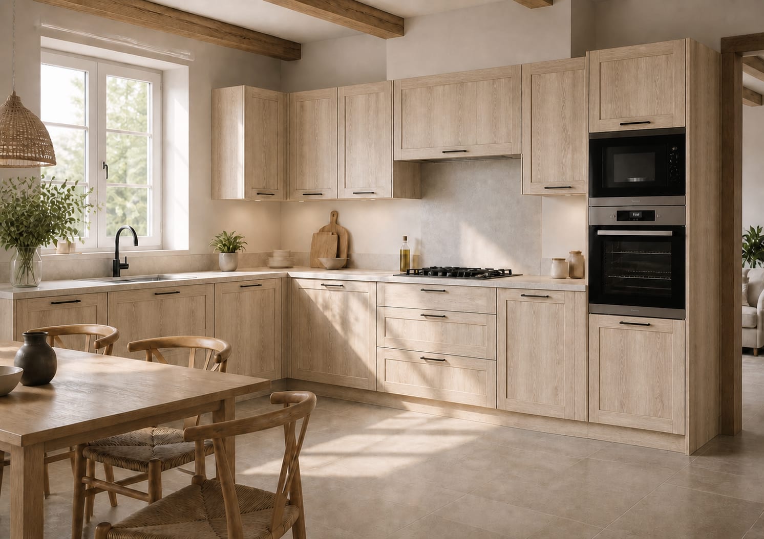 Cuisine avec portes Quadro Slim à cadre fin en Syncron Anniversary Oak 01 et poignées classiques