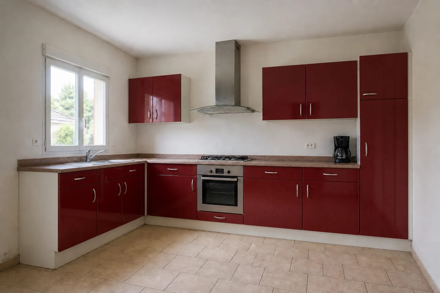 Cuisine rouge brillante avant rénovation, implantation en L conservée