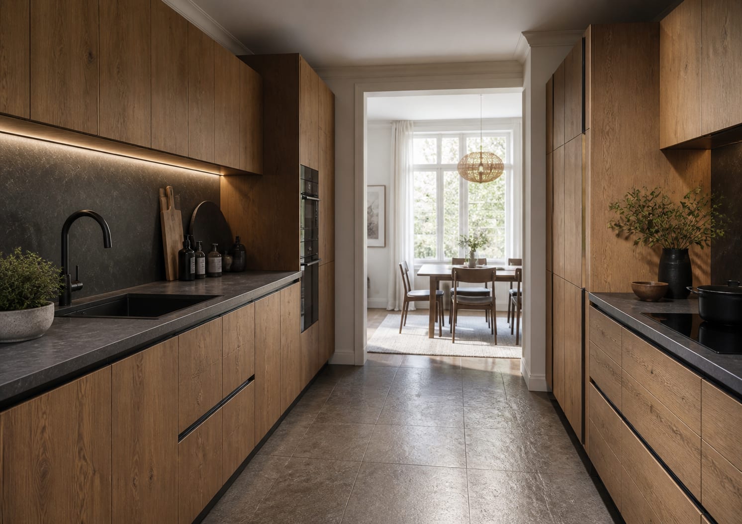 Cuisine en longueur avec façades Syncron effet chêne texturé