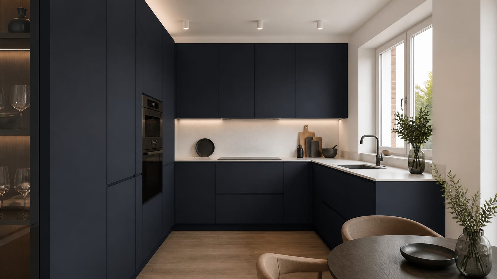 Cuisine sur mesure bleu profond avec façades Zenit mates