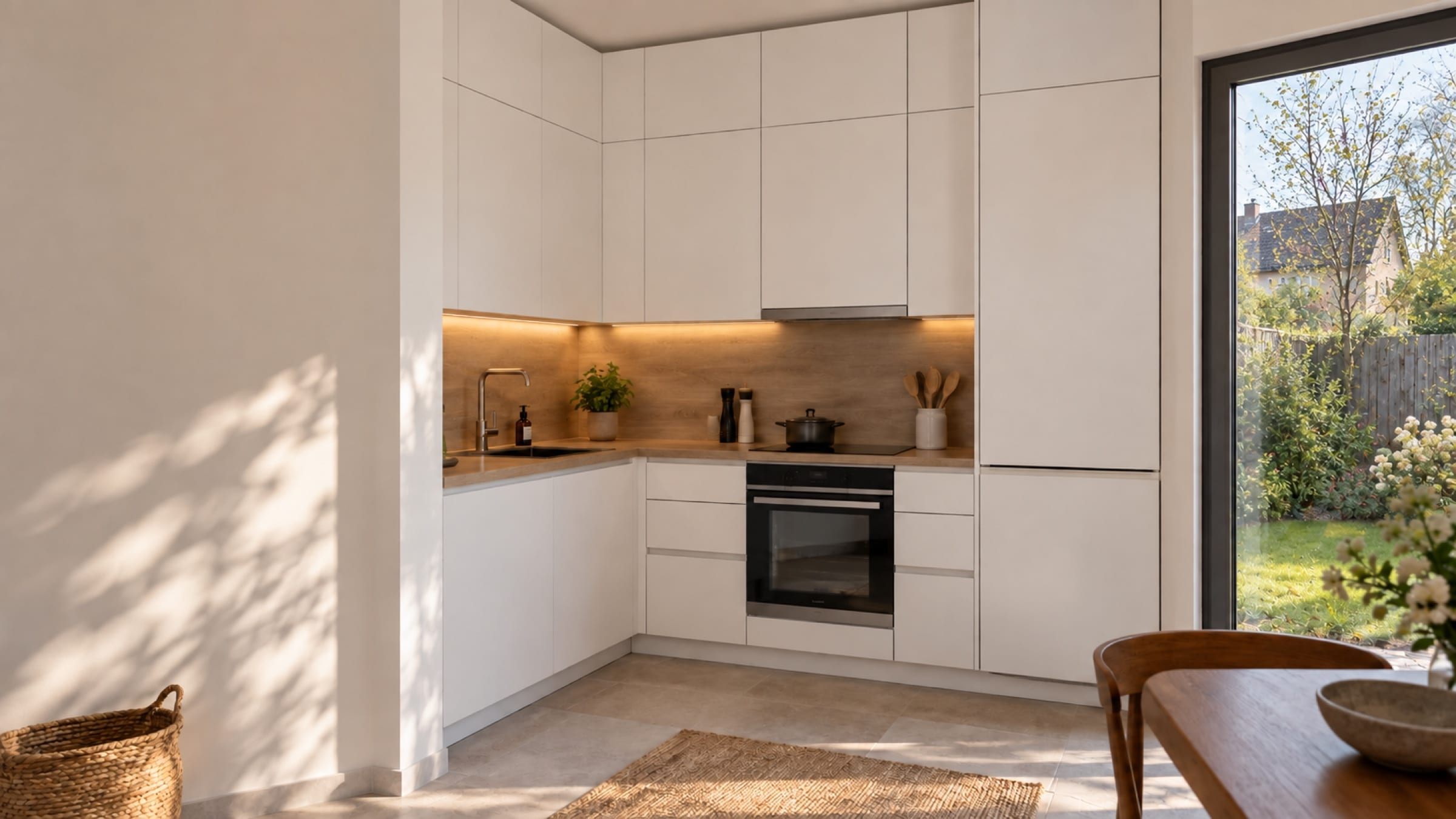 Petite cuisine linéaire blanche et chêne dans un appartement