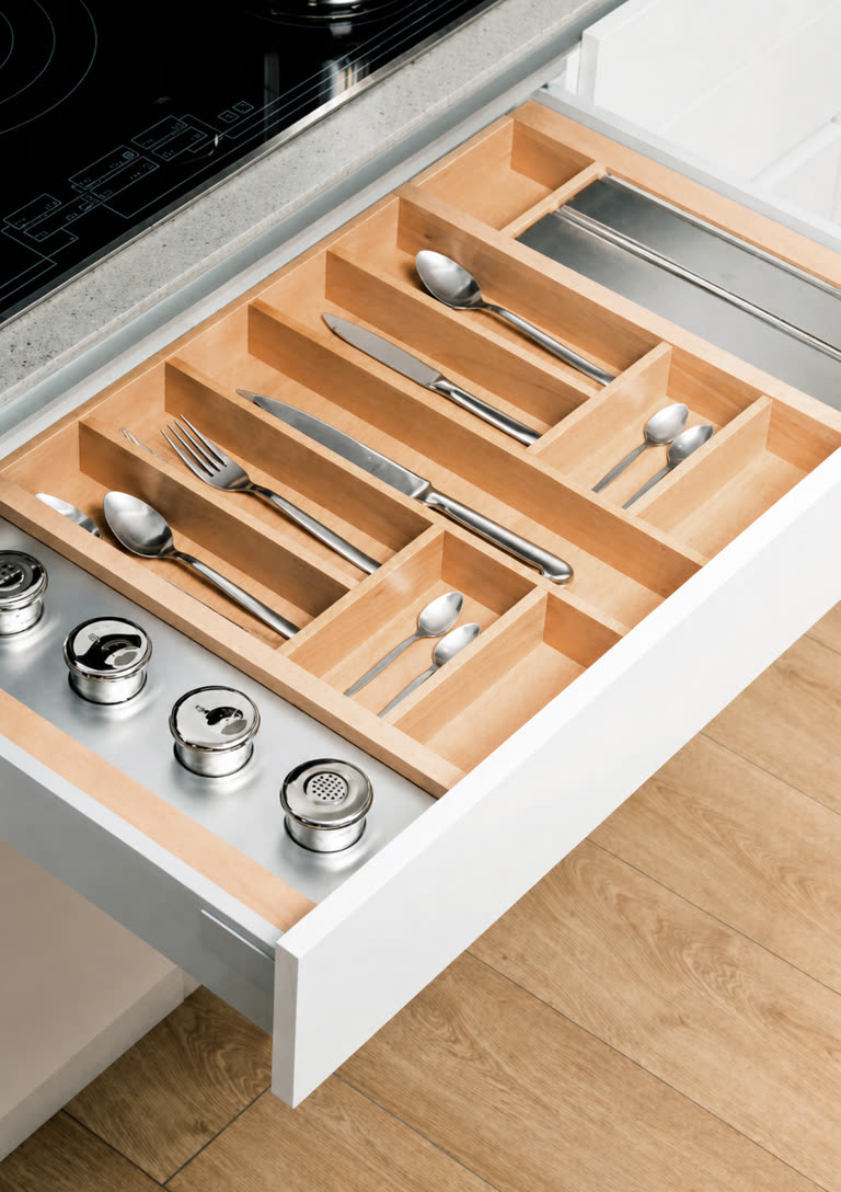 Range-couverts en hêtre aménagé dans un tiroir de cuisine