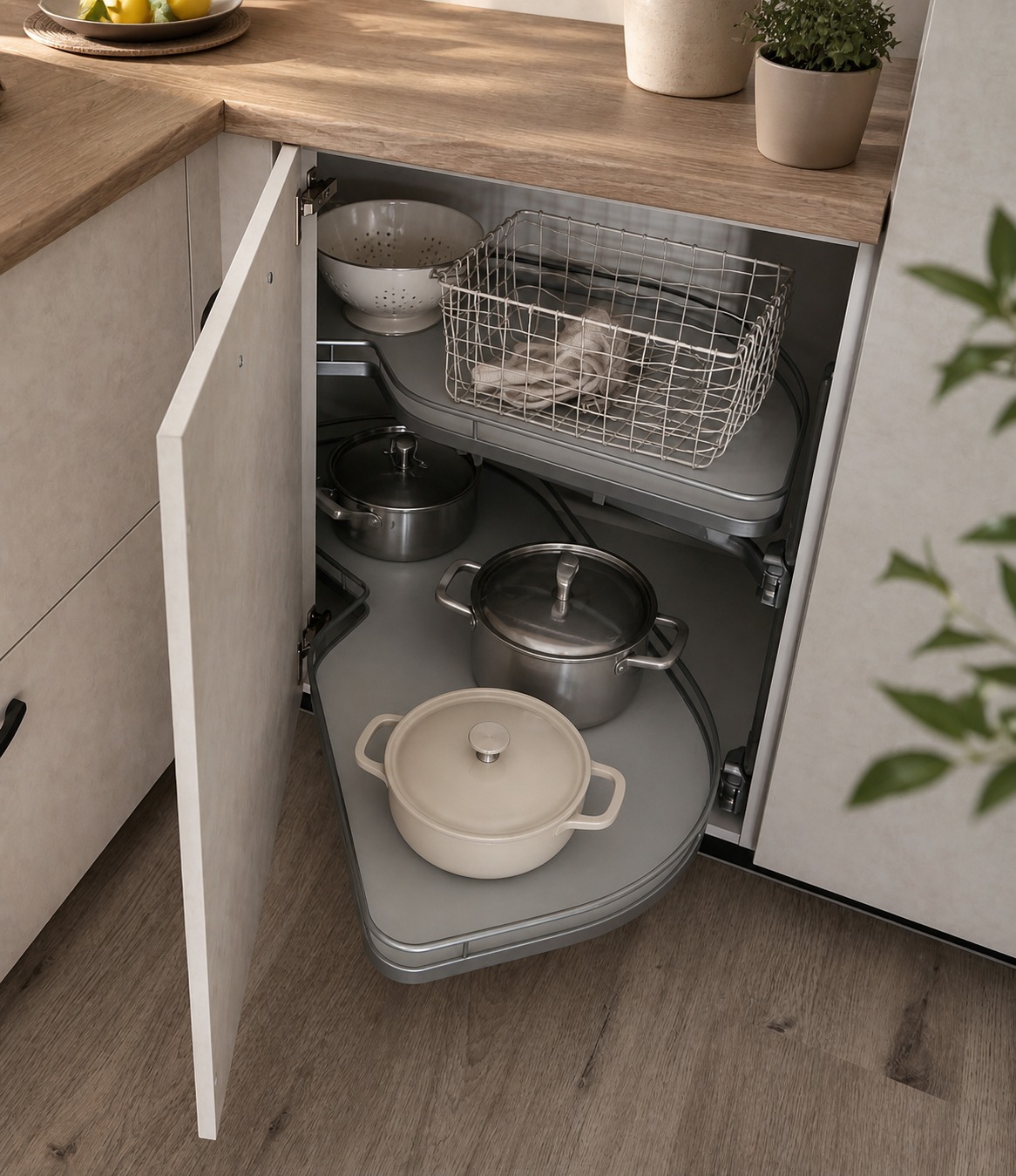 Meuble bas d'angle équipé de deux plateaux indépendants