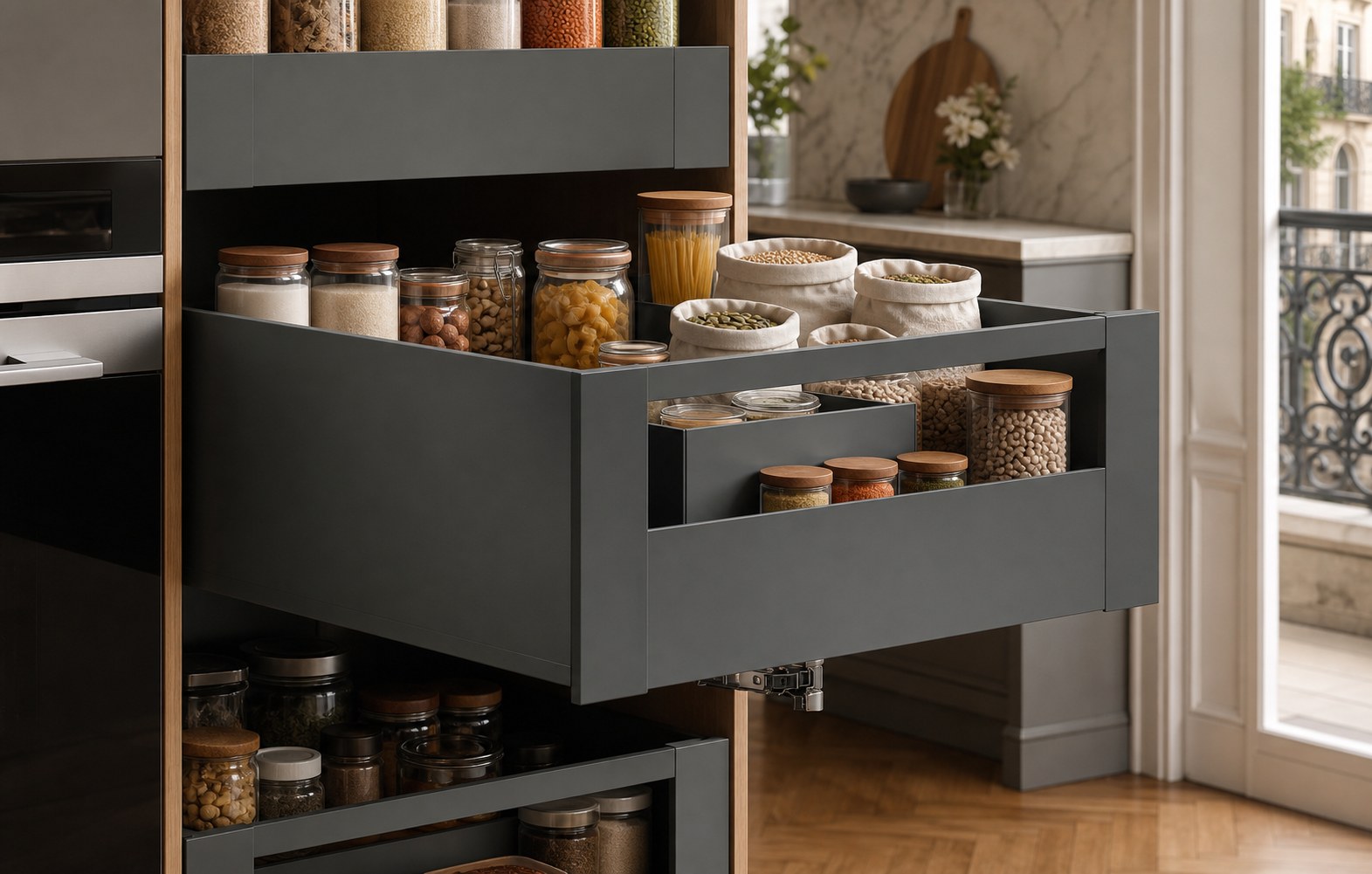 coulissant de cuisine intégré dans une colonne adaptée à l'espace