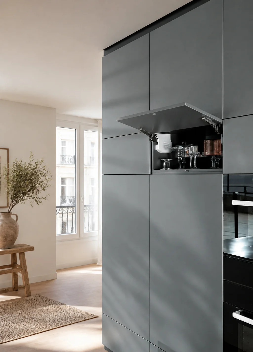Porte relevable intégrée dans une cuisine contemporaine