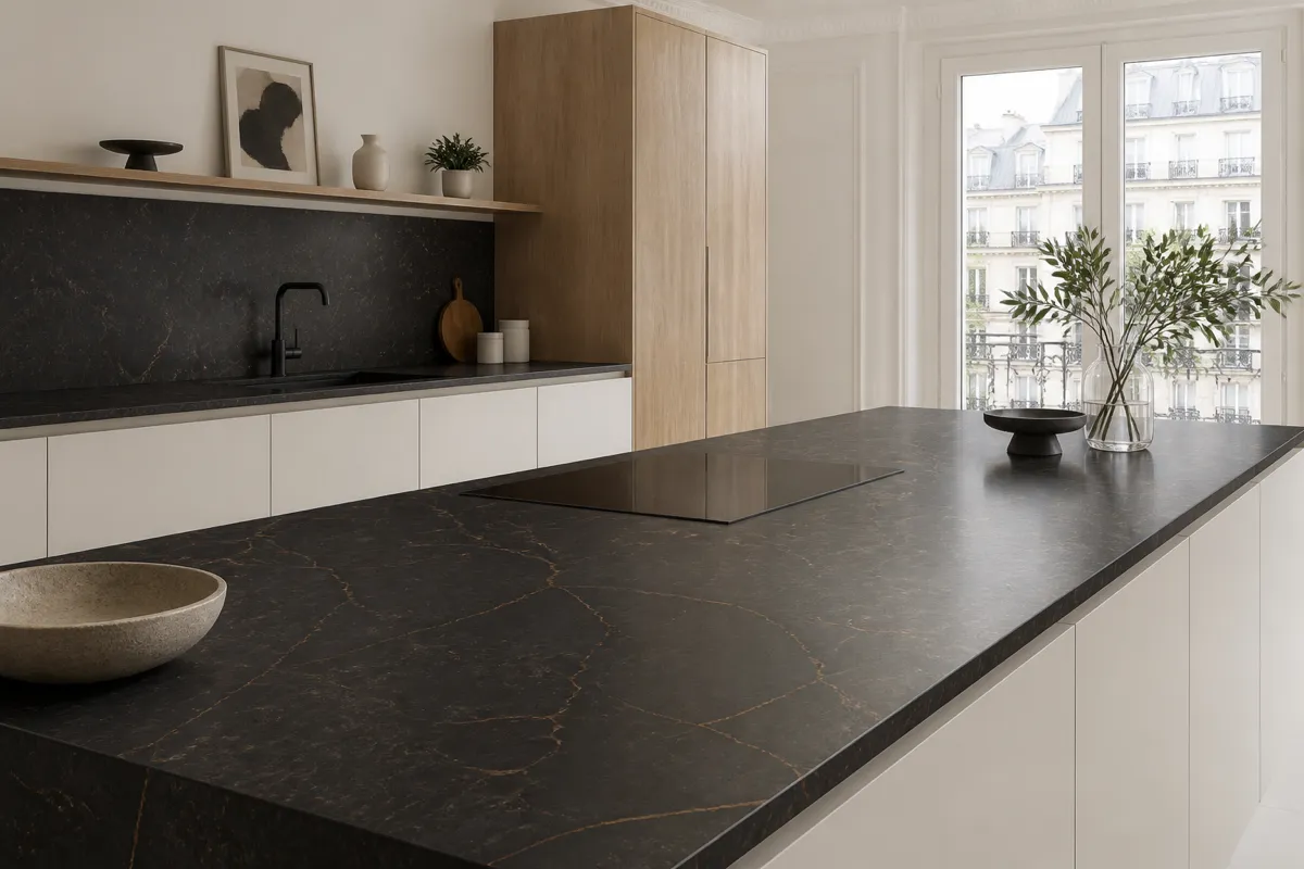 Cuisine Cekonay avec plan de travail en céramique claire