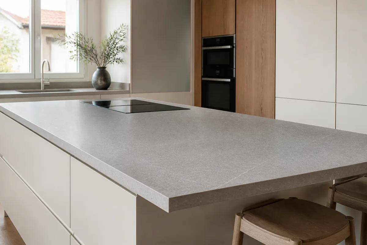 Cuisine Cekonay avec plan de travail en quartz clair