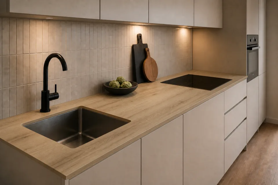 Cuisine avec plan Twin Balmore Oak de 20 mm d'épaisseur et 630 mm de profondeur