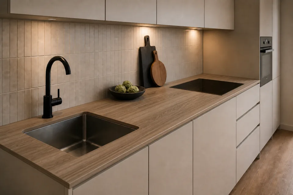 Cuisine avec plan Twin Chêne Colorado de 20 mm d'épaisseur et 630 mm de profondeur