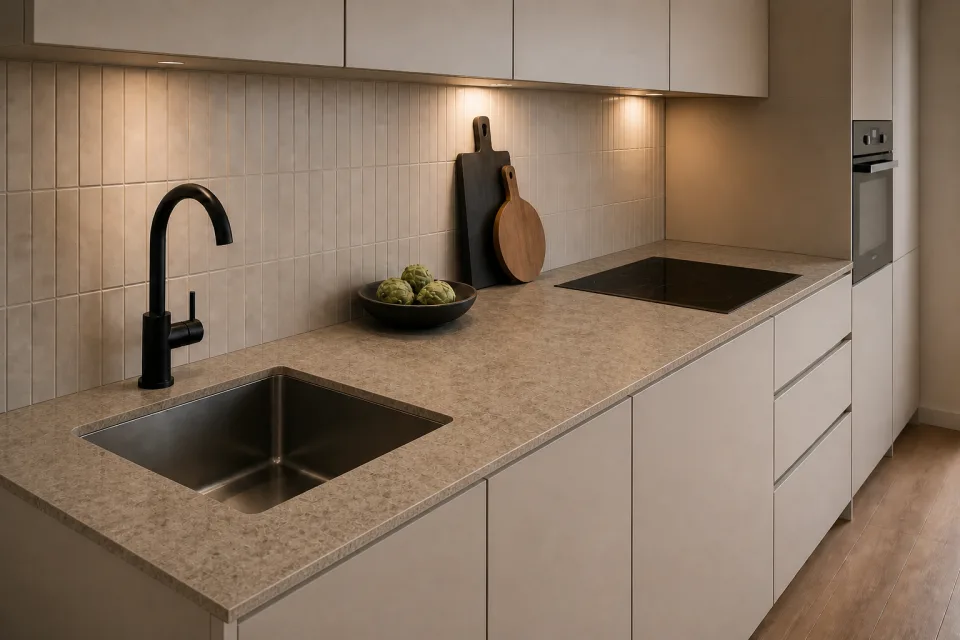 Cuisine avec plan Twin Elemental Stone de 20 mm d'épaisseur et 630 mm de profondeur
