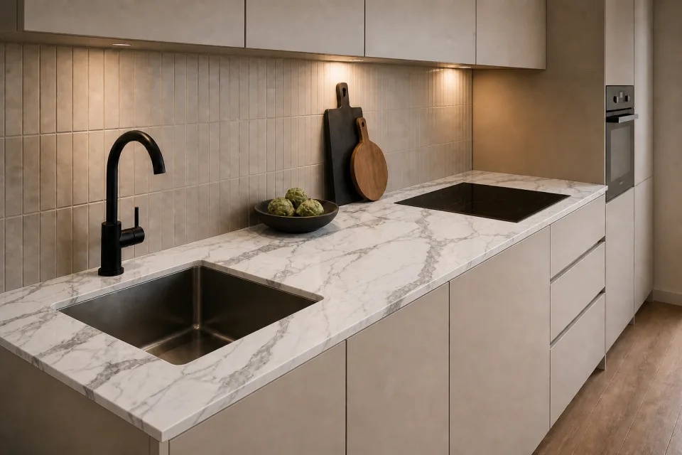 Cuisine avec plan Twin Iguazu Marble de 20 mm d'épaisseur et 630 mm de profondeur