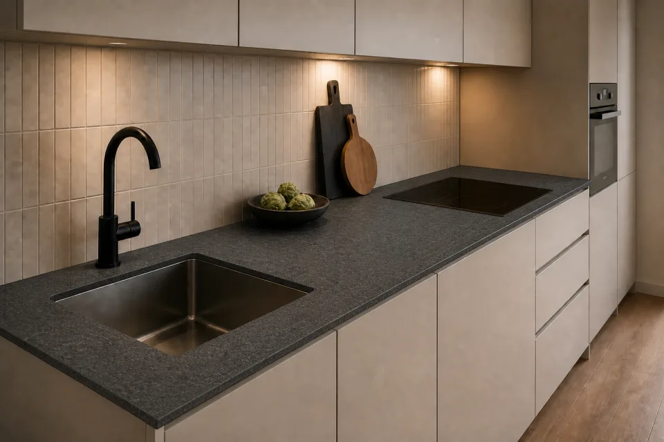 Cuisine avec plan Twin Noir Absolu de 20 mm d'épaisseur et 630 mm de profondeur