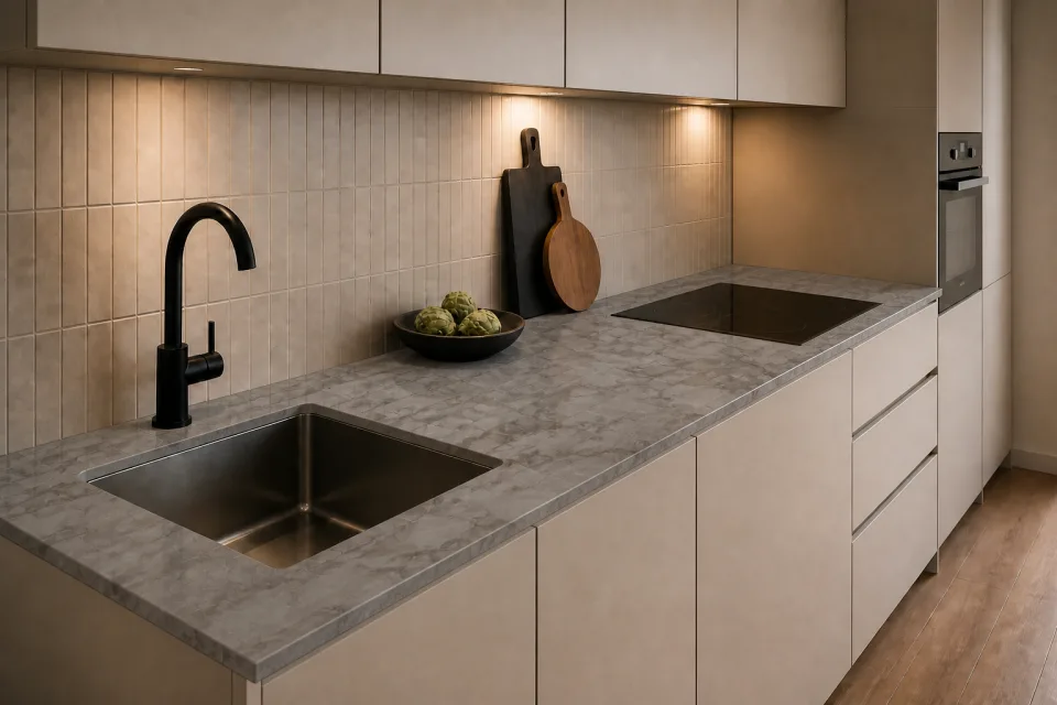 Cuisine avec plan Twin Norfolk de 20 mm d'épaisseur et 630 mm de profondeur