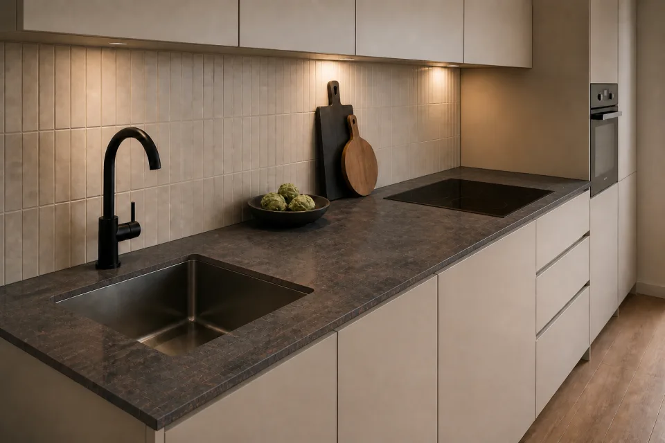 Cuisine avec plan Twin Underground Rouille de 20 mm d'épaisseur et 630 mm de profondeur
