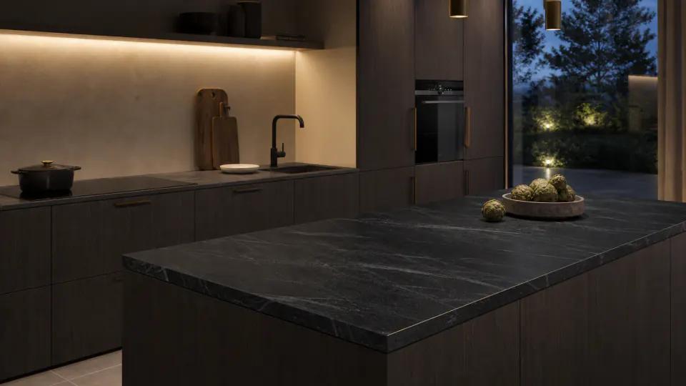 Cuisine architecturale sombre avec plan de travail Mármol Marquina