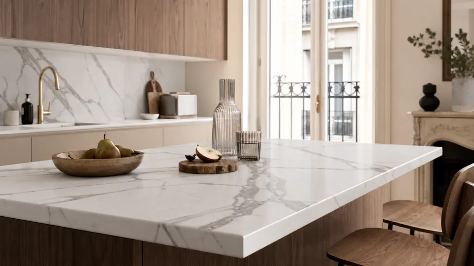 Cuisine parisienne lumineuse avec plan de travail Mármol Versilia